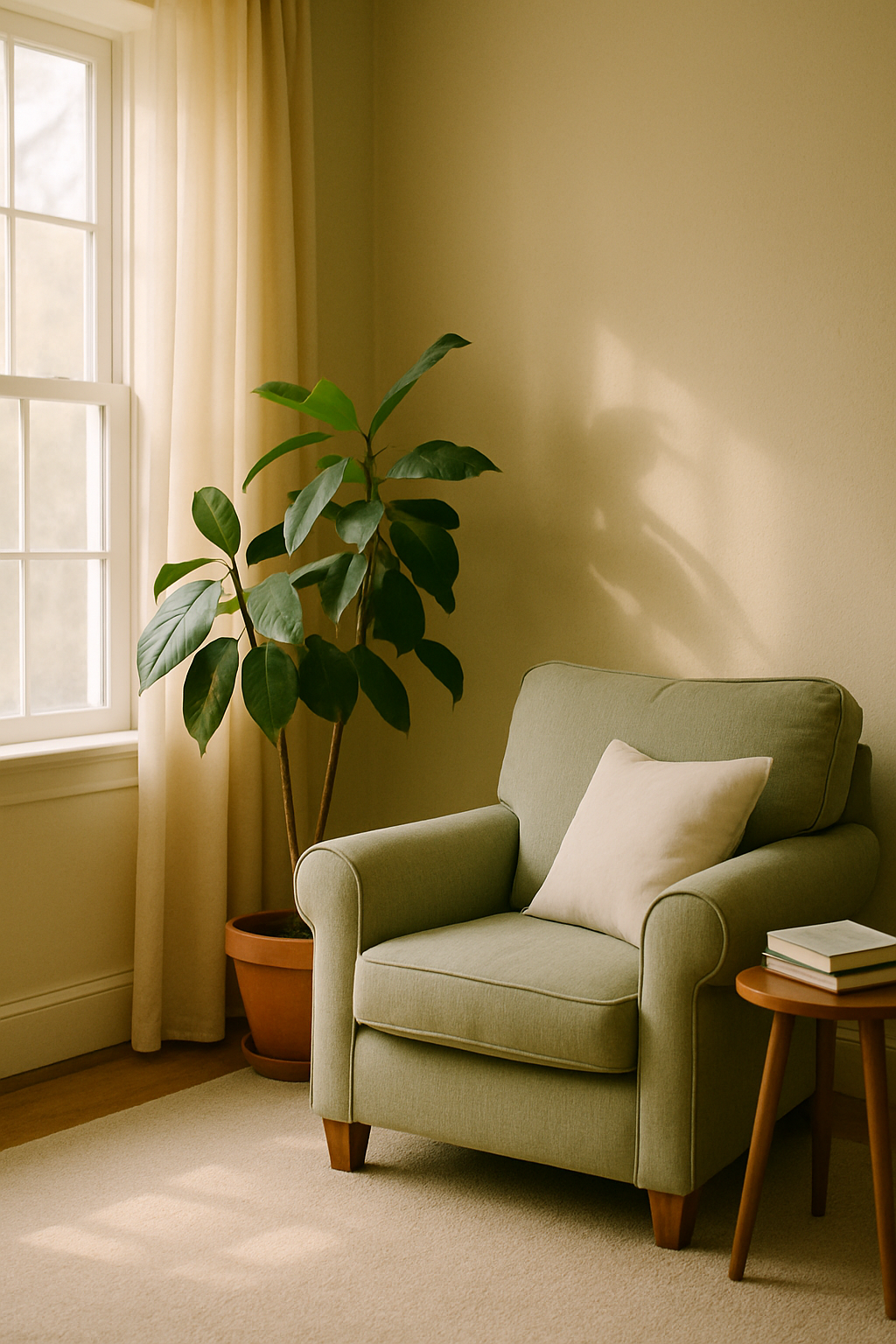 A warm, light-filled counseling space with a soft armchair and a leafy plant